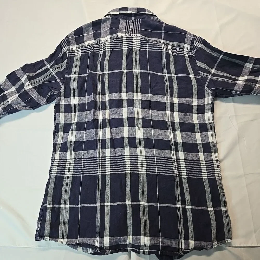 Banana Republic Button Up Shirt Mens Blue White Plaid Top M 100% Linen Western